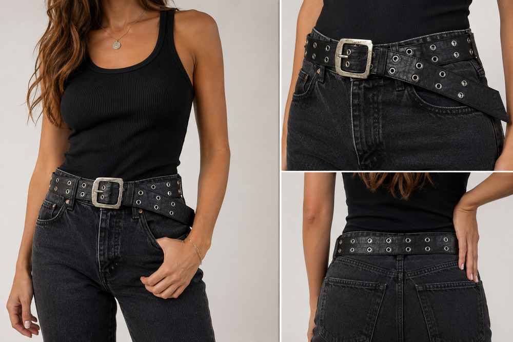 VTG DD Addore by Anat Marin Black Leather Grommet Double Prong Wide Belt Boho S
